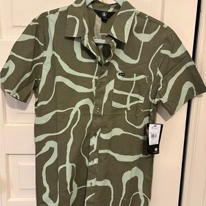Volcom Men’s Olive Green Short Sleeve Button-Down with Mint Abstract Print